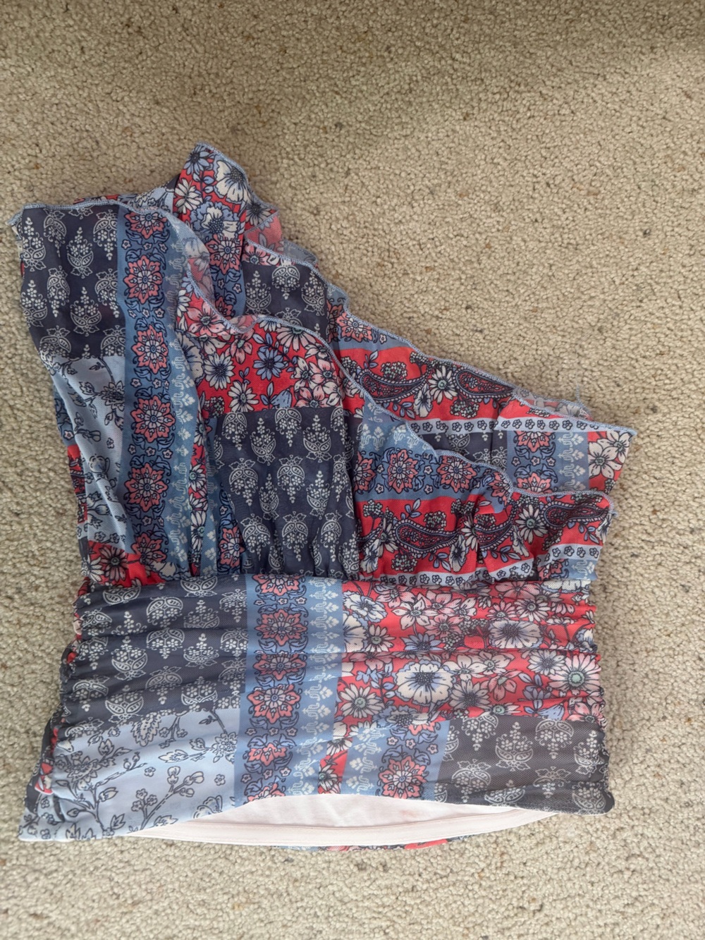 Altar'd State One-Shoulder Patchwork Floral Top in Navy, Red & Light Blue